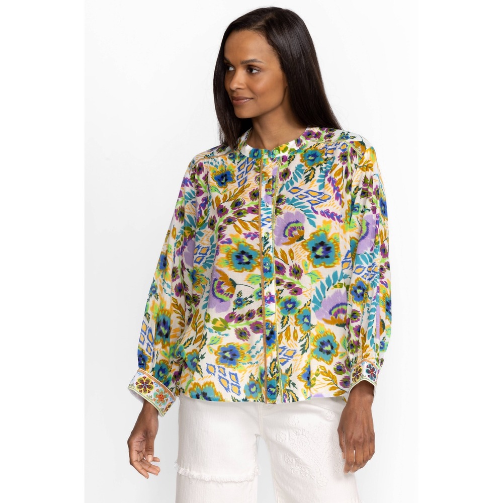 Johnny Was Workshop XL Cotton Ikat Floral Embroidered Cuff Blouse W11923-4